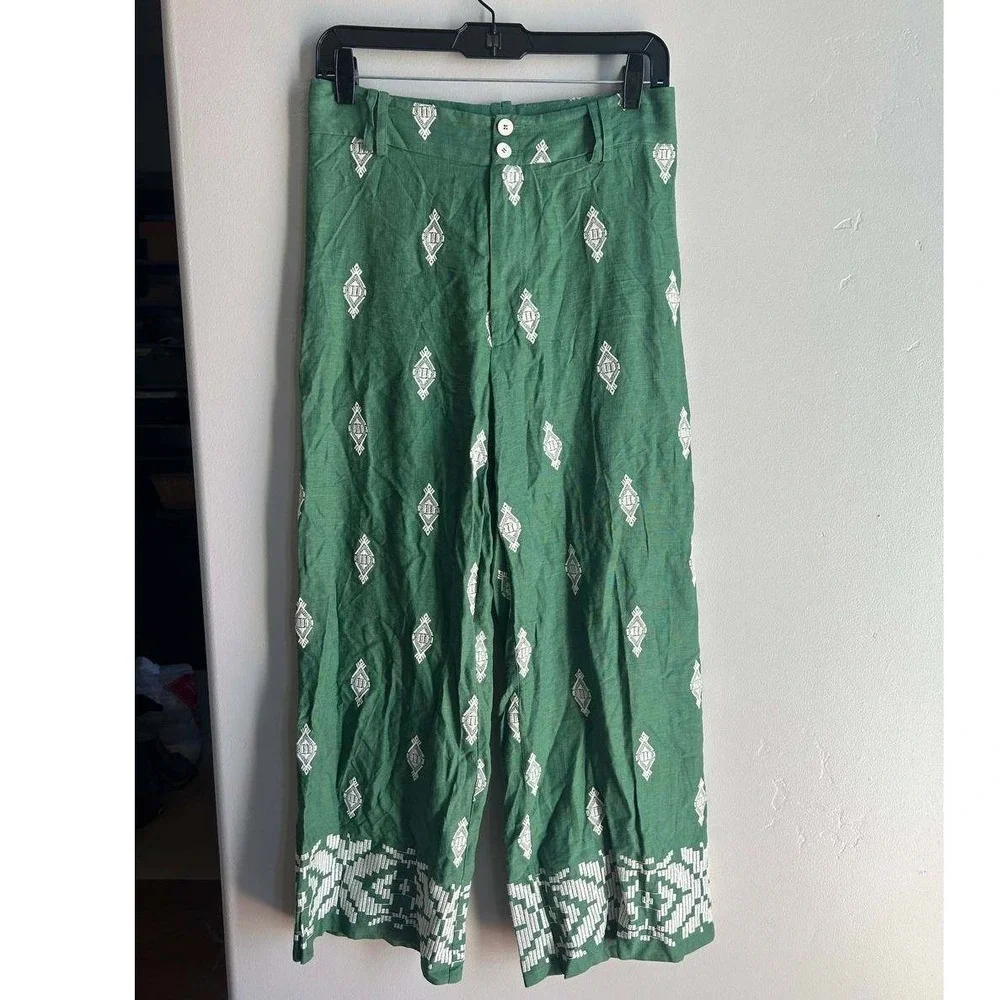 Zara Embroidered Linen Wide Leg Pants S Cottagecore Boho Euro Summer Clean Girl